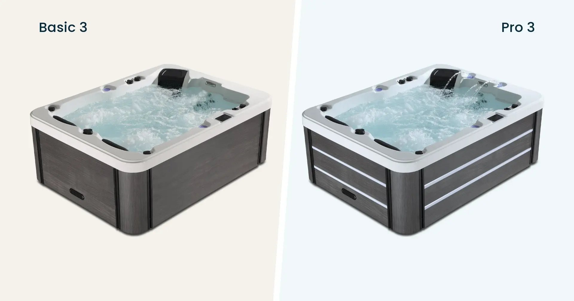 Balearis Basic 3 und Pro 3 nebeneinander im gleichen Kamerawinkel, beim Pro 3 die LED-Streifen in der Verkleidung und die Wasserspiele